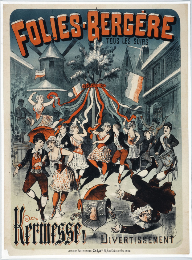 Ein Vintage-Plakat, das das Folies Bergère-Festival in Paris ankündigt, zeigt eine Gruppe tanzender Menschen im Vordergrund und Gebäude, Bäume und Fahnen im Hintergrund, mit beschreibendem Text.