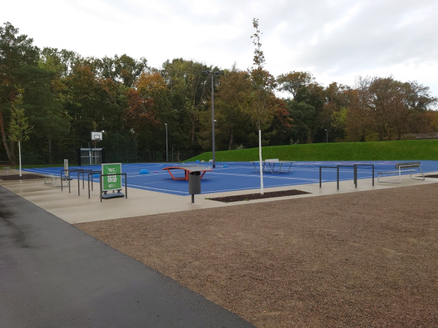 Ein Park mit einem Basketballfeld in der Mitte, umgeben von Straßenlaternen, Bänken und einem Mülleimer, eingebettet in grünen Rasen und Bäume unter einem klaren blauen Himmel.