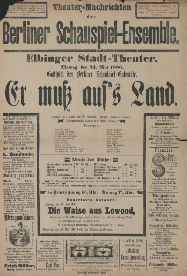 Schwarz-weiß-Anzeige in einer Zeitung aus dem Jahr 1866 für das Berliner Schauspiel-Ensemble, das einen Mann in Anzug und Krawatte zeigt.