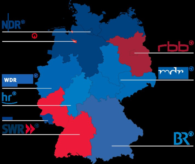 Karte von Deutschland mit Bundesländern in Rot und Blau, um die Ergebnisse der Wahl 2016 zu zeigen, einschließlich der Namen der Kandidaten und des Wahltermins.