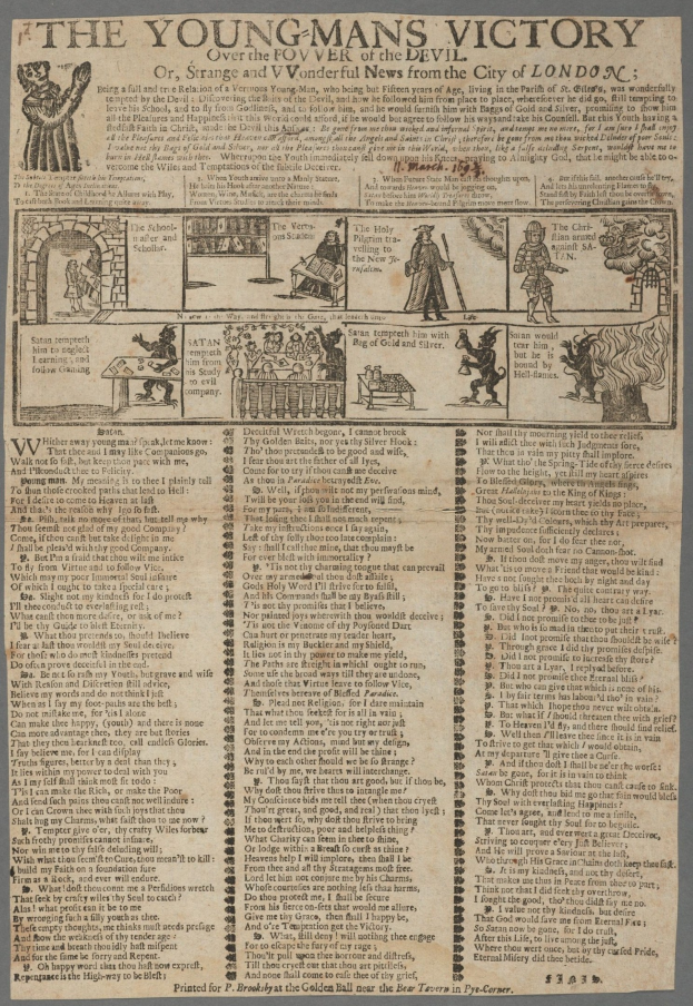 Ein Blatt mit Text und Illustrationen, das den Sieg eines jungen Mannes feiert, mit detaillierten Zeichnungen von entschlossenen jungen Männern und mutigem siegreichen Text.