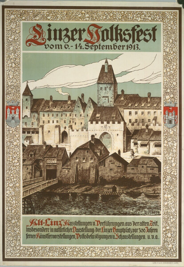 Alter deutscher Volksfestplakat mit Schloss- und Häuserillustration, begleitet von Text.