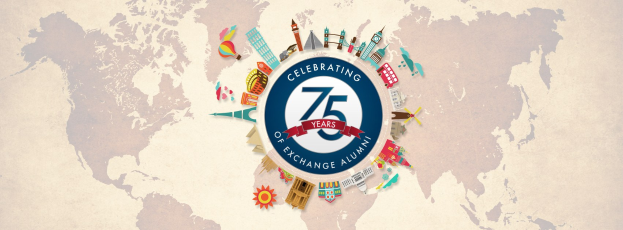 Eine Weltkarte mit der Aufschrift "Feier der 75-jährigen Austausch-Alumni" in der Mitte, umgeben von animierten Bildern von Gebäuden und anderen Gegenständen.