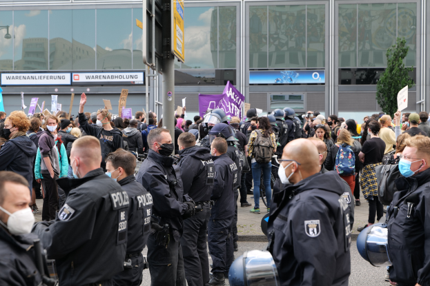 Große Menschenmenge vor einem Gebäude protestierend, einige mit Schildern und Helmen, mit einem Pfahl und einer Tafel im Vordergrund und einem Baum im Hintergrund.