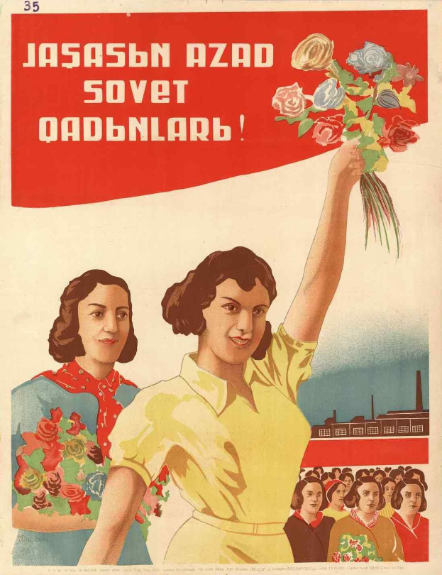 Sowjetisches Propagandaplakat zum Frauentag, das eine Frau mit einem Blumenstrauß zeigt, umgeben von Menschen und einem Gebäude, mit der Aufschrift "Frauentag".