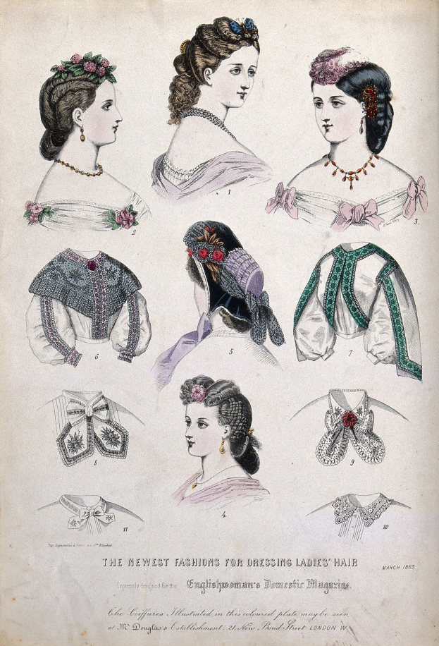 Eine Broschüre mit dem Titel "Die neuesten Moden für die Frisur von Damen" mit Abbildungen von Frauen in verschiedenen Kleidern und Frisuren, wobei die Kleider in hellen und dunklen Farben und die Frisuren von lang und wellig bis kurz und lockig reichen.