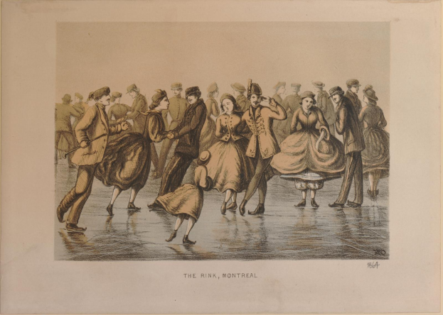 Gruppe von Menschen, die auf einer Outdoor-Eisbahn in Montreal, Kanada, umgeben von Bäumen mit dem Himmel im Hintergrund, beschriftet mit "The Rink, Montreal" unten.