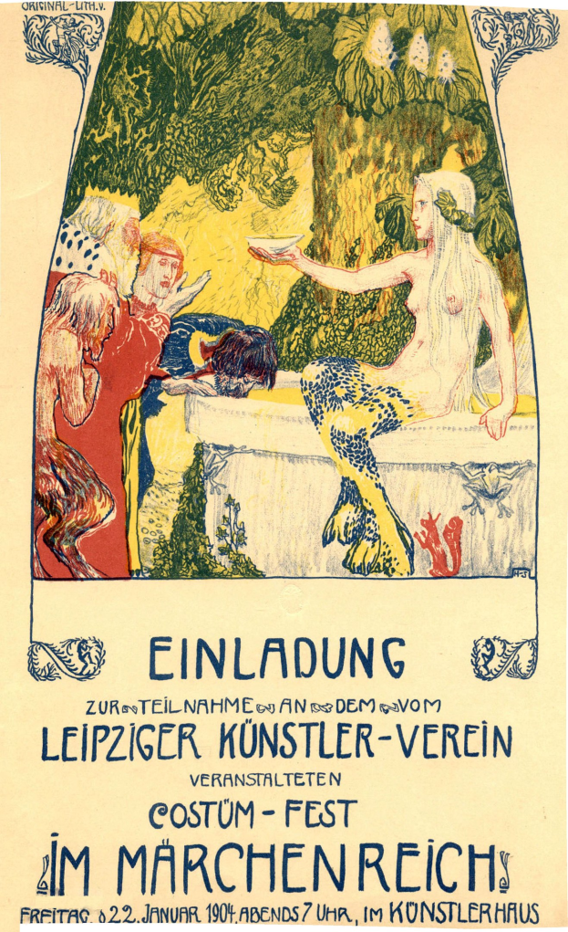 Plakat für ein Münchner Festival mit einem Gemälde einer Frau umgeben von Menschen und Bäumen mit Text.