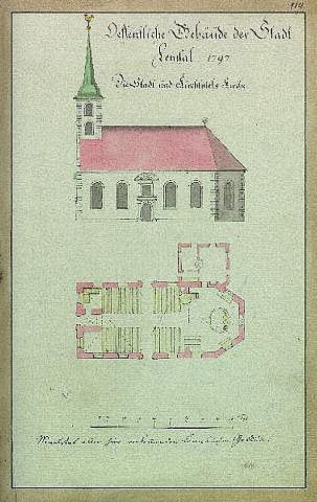 Eine Zeichnung der Kirche St. Nikolai in Dresden, Deutschland, mit einem Turm und einem Glockenturm sowie begleitendem Text.