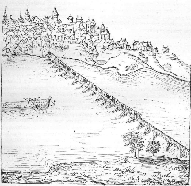 Eine Zeichnung einer Brücke, die einen Fluss überspannt, mit einer Burg im Hintergrund, umgeben von Bäumen und einem Boot auf dem Wasser, mit dem Text "Die Brücke des Rheins in Deutschland" unten.