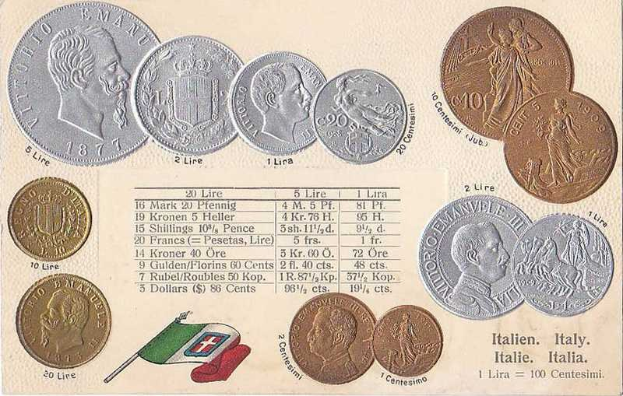 Eine Sammlung italienischer Münzen von 1877-1910, darunter mehrere 20-Lire-Münzen, auf Papier mit italienischen Flaggen am Boden.