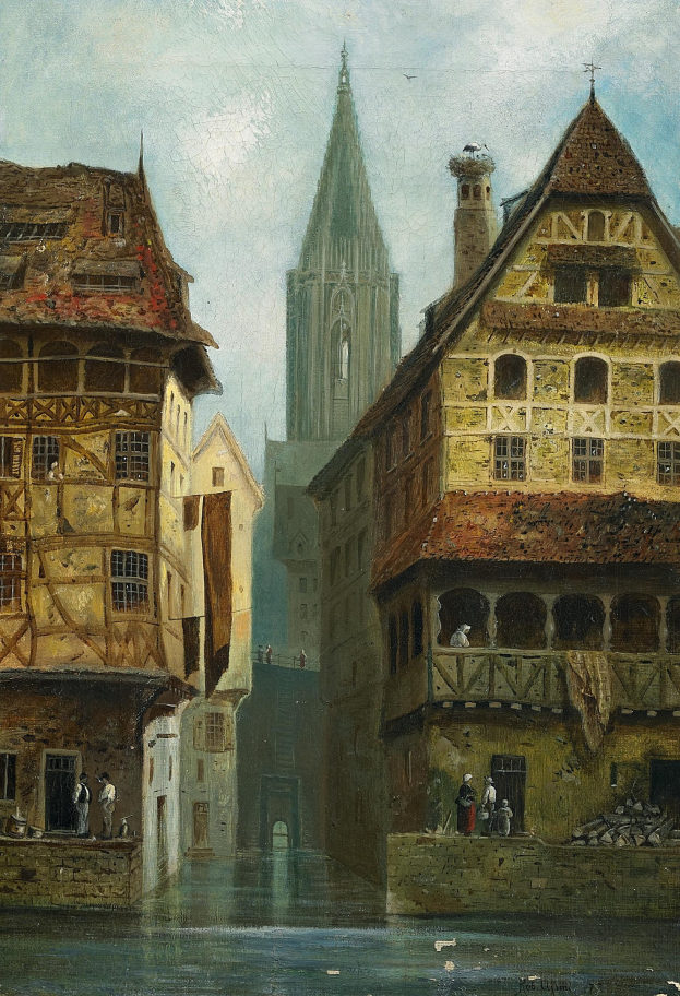 Ölmalerei auf Leinwand von Thomas Eakins, die eine Stadtstraße mit einer Kirche im Hintergrund zeigt, mit Gebäuden, Fenstern, Menschen, Wasser und einem bewölkten Himmel.