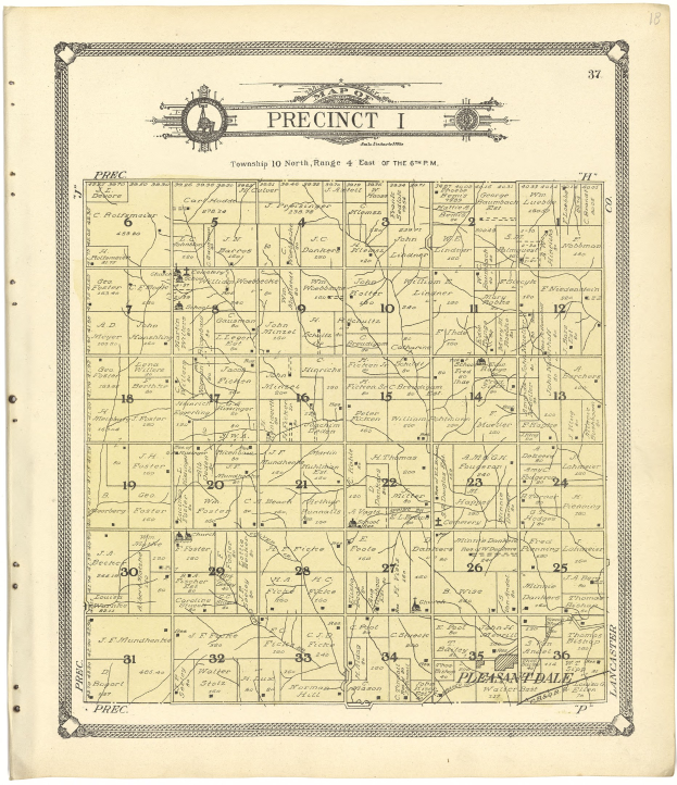 Detailierte alte Karte von Precinct, Iowa, zeigt Straßen, Parks und Sehenswürdigkeiten mit Text oben und unten.