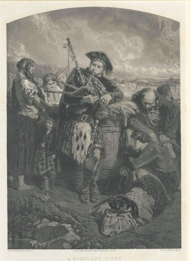 Schwarze und weiße Gravur eines Mannes, der eine Dudelsack vor einer Gruppe von Menschen spielt, mit einem bewölkten Himmel im Hintergrund, unten mit "Eine Highland-Pfeife" beschriftet.