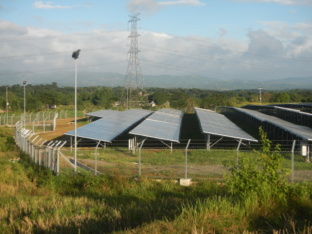 Ein Feld von Solarpaneelen hinter einem Zaun, mit Gras, Pflanzen und Bäumen und einem Übertragungsmast mit Drähten im bewölkten Himmel.