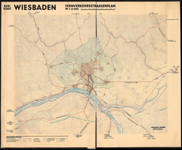 Alte Karte von Wiesbaden, Deutschland, gerahmt und mit Straßen, Gebäuden und Sehenswürdigkeiten mit Text zu Bevölkerung, Straßen und bemerkenswerten Merkmalen.
