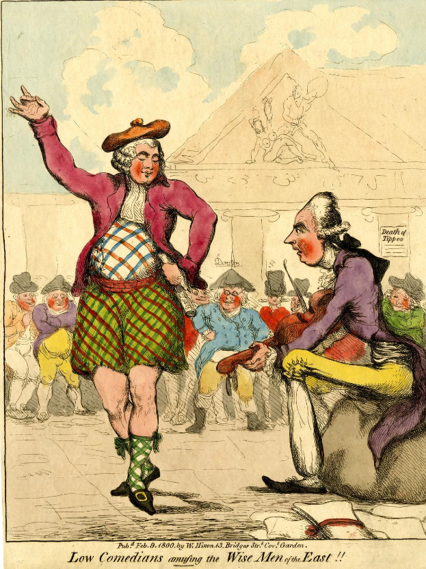 Cartoon eines Mannes in einem Kilt und einer Frau in einem Kleid, die vor einem Publikum auf einer Bühne stehen, mit einem Gebäude im Hintergrund und Wolken am Himmel, mit der Beschriftung 'Niedrige Komiker amüsieren die weisen Männer des Ostens' unten.