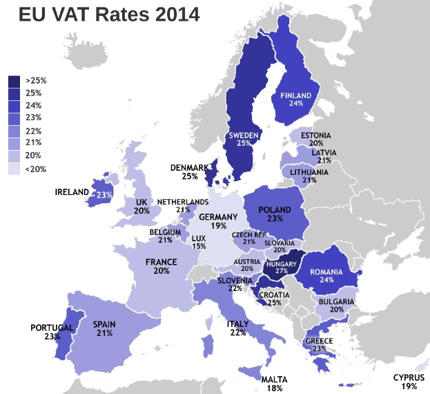 Karte von Europa, die die EU-USt-Sätze von 2014 mit Prozentangaben und Textbeschriftungen zeigt.