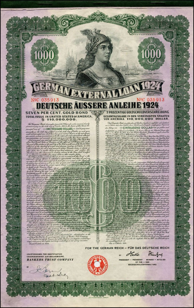 Deutsches Auslandsdarlehen-Zertifikat aus dem Jahr 1924 mit einem Porträt einer Frau, bedrucktem Text und numerischer Benennung.