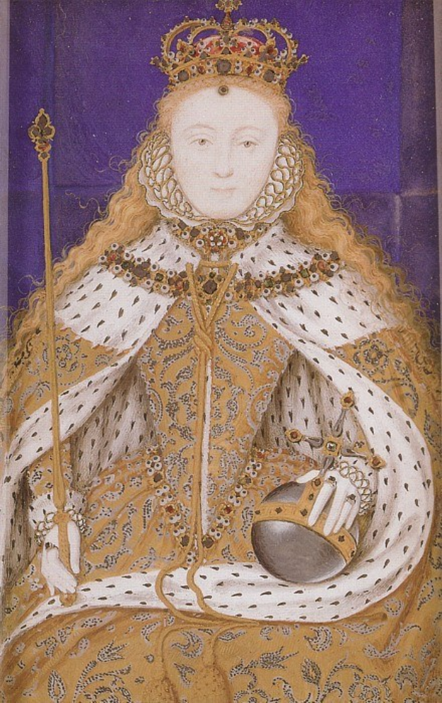 Gemälde der Queen Elizabeth I. von England in prächtiger Kleidung, mit Krone, einen Stock haltend, mit Haaren im Dutt und einem würdevollen Gesichtsausdruck.