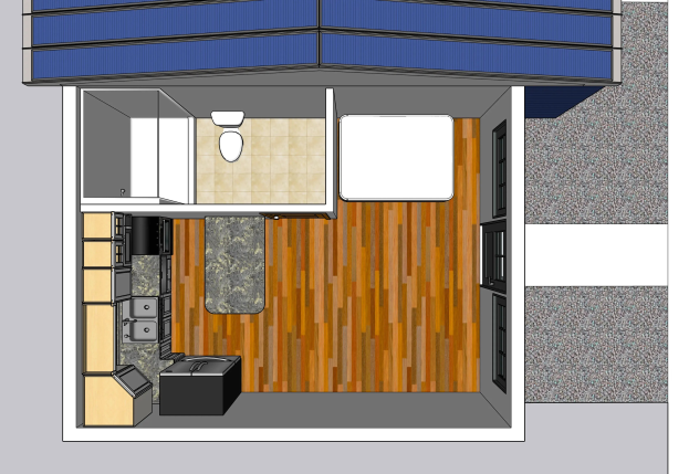 Grundriss eines Tiny-Hauses mit Küche und Wohnbereich, einschließlich Toilette, Waschbecken, Schränken und anderen Einrichtungsgegenständen.