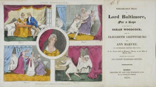 Ein historisches Dokument, das einen Prozess von Lord Baltimore wegen des Vorwurfs der Vergewaltigung zeigt, mit Illustrationen von Menschen, Vorhängen und Text.