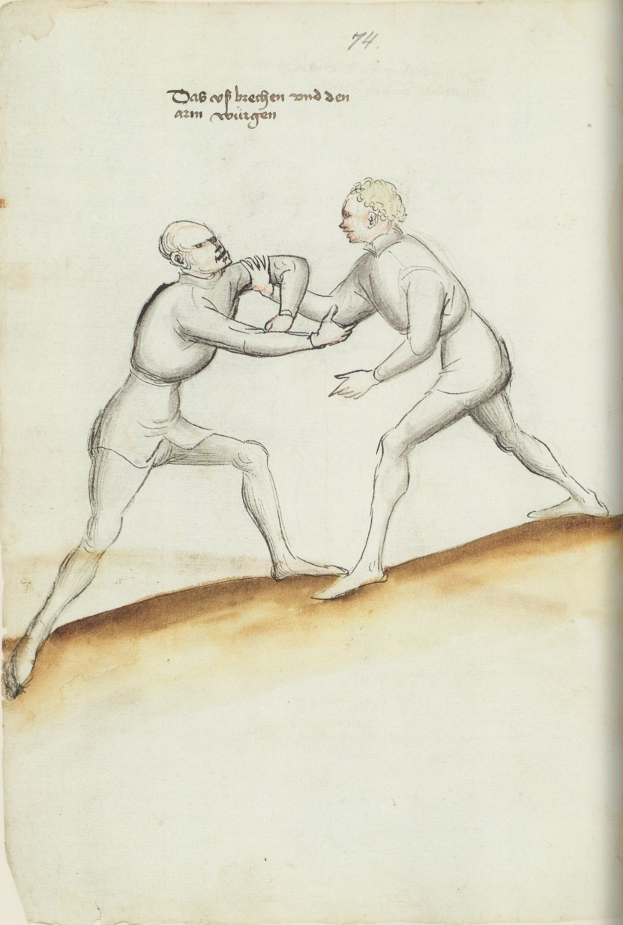 Zwei Männer in einer Schlägerei, einer wirft einen Schlag auf den anderen, der auf einem Blatt mit Text steht.