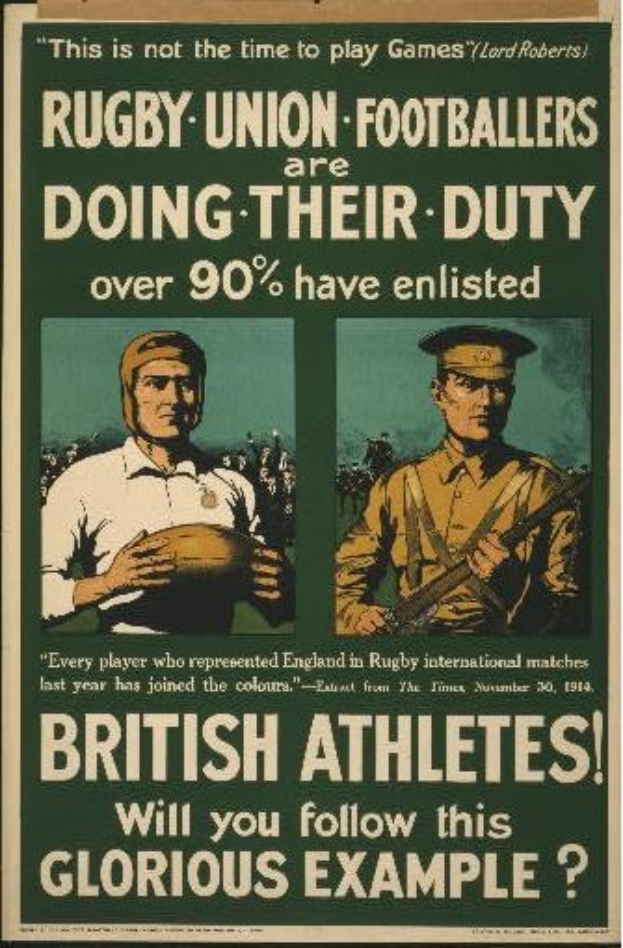 Plakat mit zwei Rugbyspielern in Uniform, Text gibt an, dass über 90% der britischen Athleten rekrutiert wurden, wahrscheinlich mit Details zu ihren Rollen und Beiträgen.