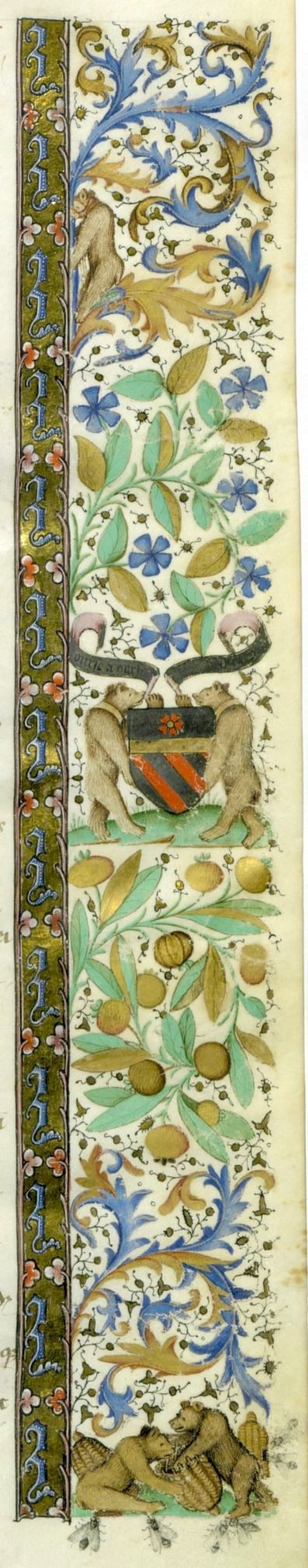 Eine Seite aus einem mittelalterlichen Manuskript mit einem floralen Design mit Tieren, Blättern und Blumen, verziert mit detaillierten und leuchtenden Farben.