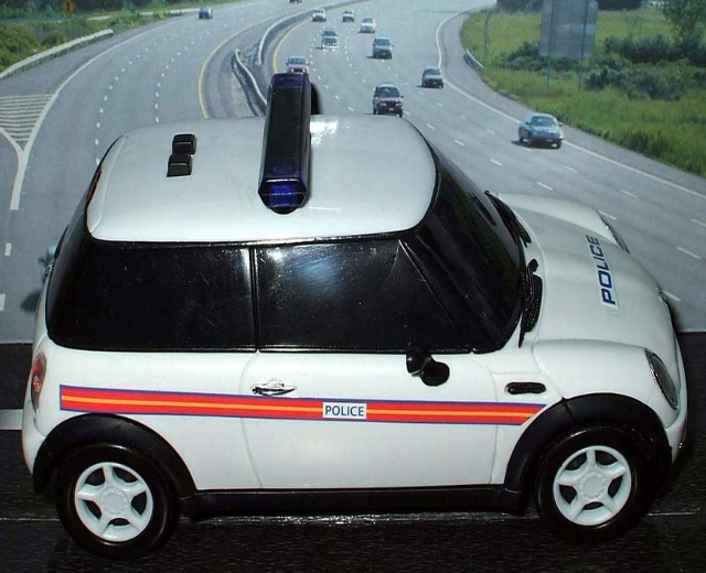 Weißer Polizeiwagen mit "Polizei" Aufschrift auf einer Landstraße außerhalb der Stadt, umgeben von Verkehr, Gras und Bäumen auf beiden Seiten.