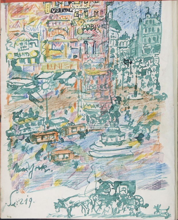 Ein Buchumschlag mit einer detaillierten Illustration einer belebten Stadtlandschaft mit Gebäuden, Fahrzeugen, Menschen und einem Brunnen, begleitet von Text.