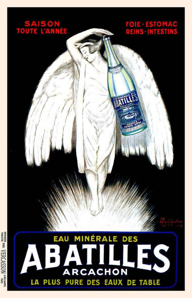 Vintages Französisches Werbeplakat für Abatilles Arcachon mit einer geflügelten Frau, die eine Flasche prickelndes Mineralwasser hält.