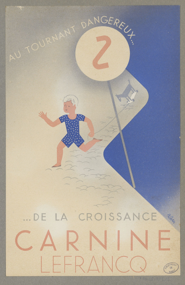 Ein Faschingsplakat in Frankreich mit einer Person in einem hellgelben Kleid, die strahlend in der Mitte steht und von schwarzem, fetten Text umgeben ist, der "Fasching" lautet.