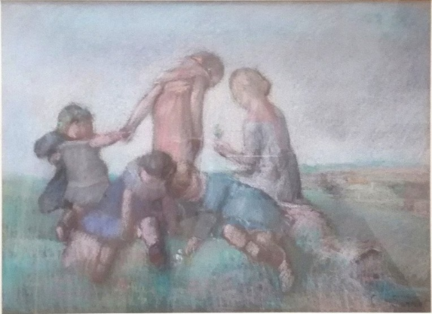 Malerei von Kindern, die auf einem sonnigen, fröhlichen Feld spielen, in einem Foto Rahmen.