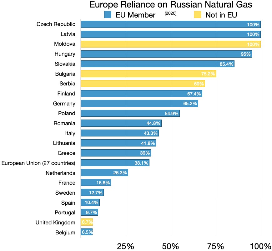 Eine Balkendiagramm-Illustration der Abhängigkeit Europas von russischem Erdgas, mit Prozentangaben und Text, der Investitionsniveaus angibt.