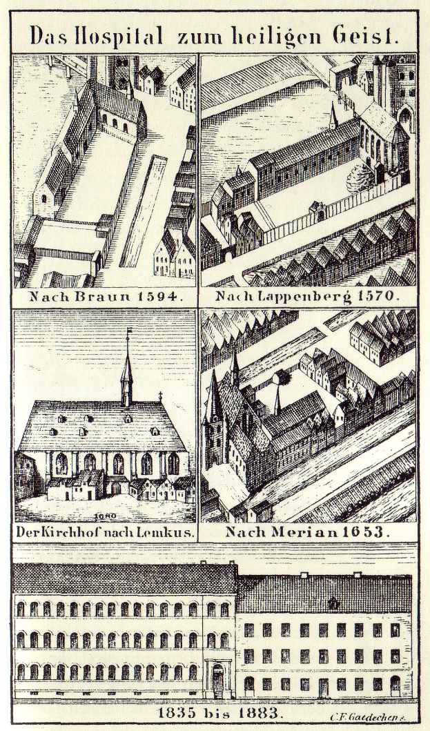 Ein detailliertes Plakat mit einer Illustration eines deutschen Krankenhauses mit mehreren Gebäuden, Fenstern, Türen und Balkonen, begleitet von Text, der seine Größe, Lage und Merkmale beschreibt.