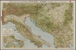 Ein detailliertes großes strategisches Kriegslandkarte von Europa mit schwarzem Rand, das verschiedene Länder und Regionen während des Kriegs zeigt.