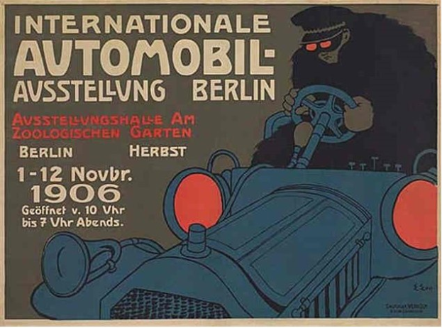 Plakat für eine internationale Automesse in Berlin mit einer Cartoon-Fahrerin in einem Auto.