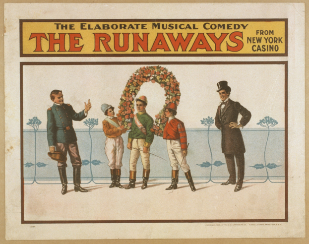 Plakat für die Musical-Comedy "Runaway" aus dem New Yorker Casino, das eine Gruppe von Menschen in einer Reihe zeigt, wobei einer einen Blumenstrauß hält und der Text den Inhalt beschreibt.