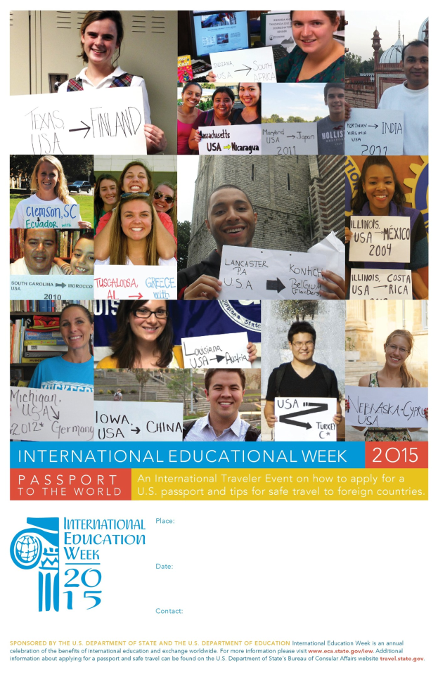 Plakat für die Internationale Bildungswoche 2015, das eine vielseitige Gruppe von Menschen zeigt, die strahlen und verschiedene Schilder halten, mit textbezogenen Informationen.