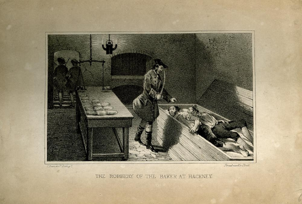 Schwarz-weißes Bild eines Mannes mit einem Messer in der Nähe von zwei Personen auf einem Bett, mit einem Tisch und Hintergrundfiguren, betitelt mit "Der Raub des Bäckers in Hackney."