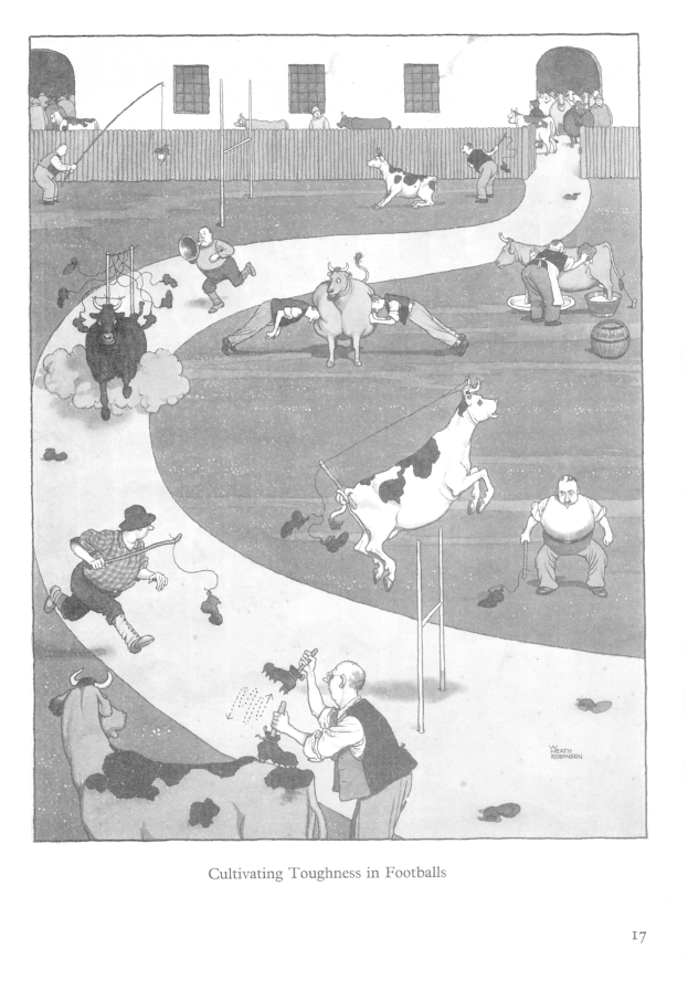 Schwarze und weiße Zeichnung von Menschen und Tieren auf einem Feld mit einer Wand und Fenstern im Hintergrund, die den Text "Zähigkeit im Fußball kultivieren" unten zeigt.