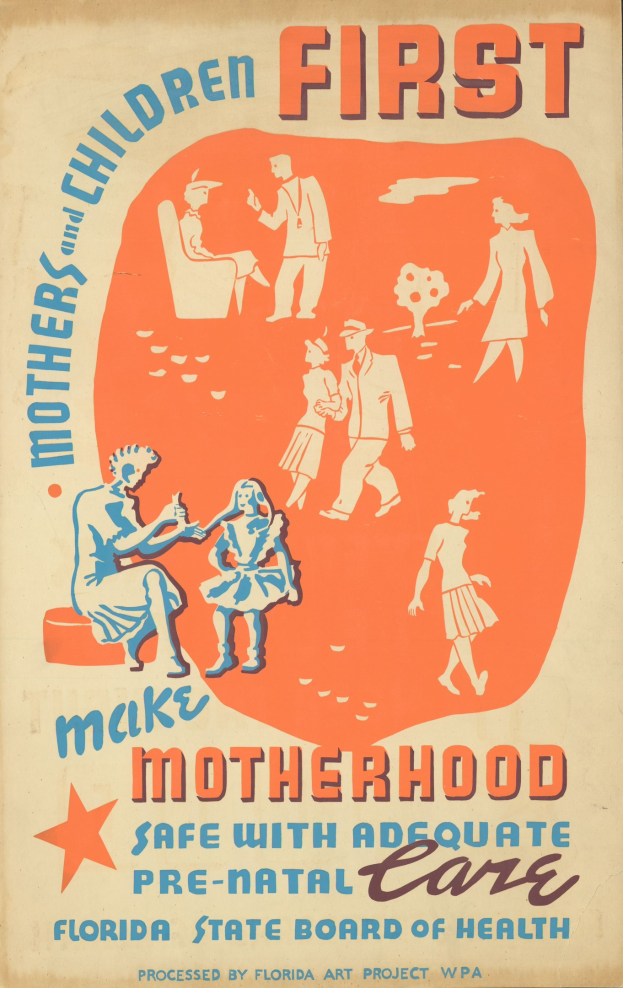 Plakat mit der Botschaft "Macht Schwangerschaft sicher mit ausreichender Vorsorge" in weißer Schrift auf einem blauen Hintergrund, mit verschiedenen lachenden Menschen unterschiedlichen Alters und Geschlechts.