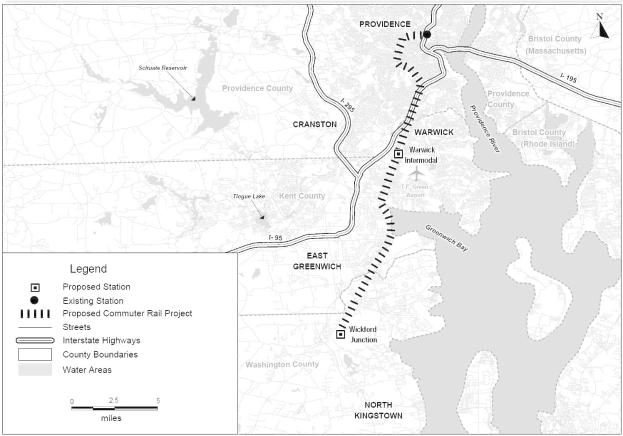 Schwarze und weiße Stadtkarte mit einem Fluss, beschriftet mit "Entwurfsstadtbahnprojekt" auf der linken Seite, die Straßen, Autobahnen und andere städtische Merkmale zeigt.