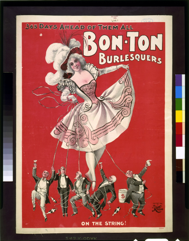 Ein Vintage-Plakat mit einer Frau in einem hellgelben Kleid in der Mitte, umgeben von lachenden Menschen, mit der Inschrift "Bon-Ton Burlesquers - 365 Tage vor allen anderen" auf einem hellblauen Himmel mit weißen Wolken.
