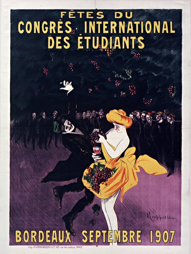 Plakat für eine Weinprobe in Bordeaux im Jahr 1907 mit einer Frau in gelbem Kleid und Weinglas, umgeben von einer Menge, mit Werbetext.