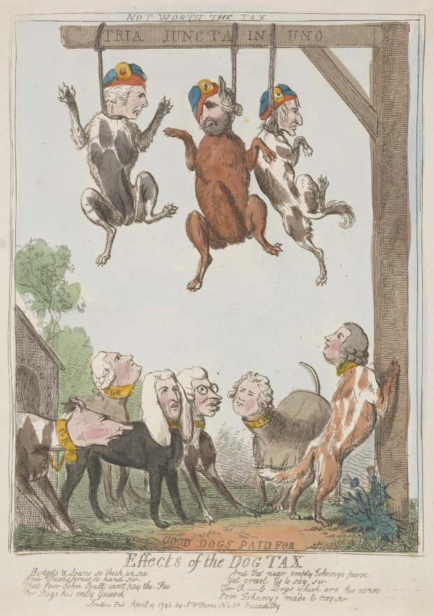 Ein Blatt Papier mit einer Zeichnung von Menschen und Tieren, einschließlich eines Hundes, das an einem Holzpfahl hängt, und ein Text, der wahrscheinlich über eine Hundesteuer handelt.