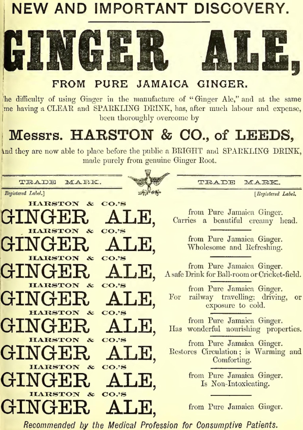 Werbung für Harston & Co. von Leeds Ginger Ale auf altem Papier mit Text.