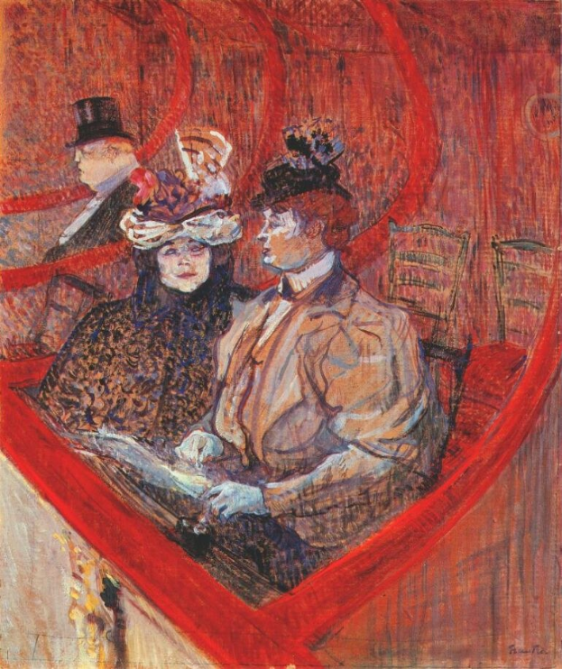 Gemälde mit dem Titel "Die Oper" von Édouard Manet, das zwei formell gekleidete Personen an einem Tisch in einem Raum mit gemustertem Tapeten und einer Stadtansicht durch ein großes Fenster zeigt, während eine weitere Person im Hintergrund steht.