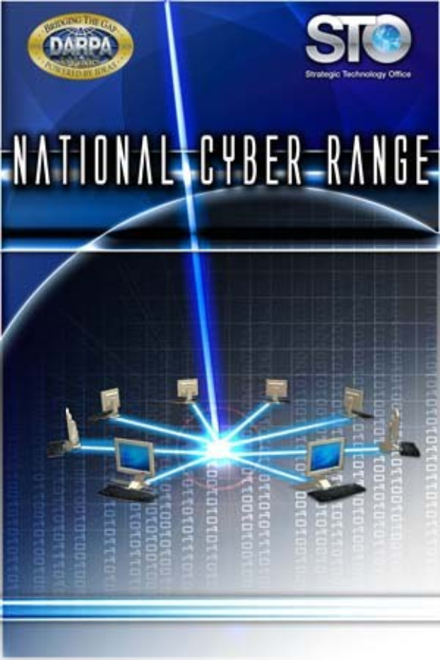 Nationales Cyber Range-Poster mit fettem weißen Text auf blauem Hintergrund und einer Weltkugel, die mit mehreren Computern verbunden ist.
